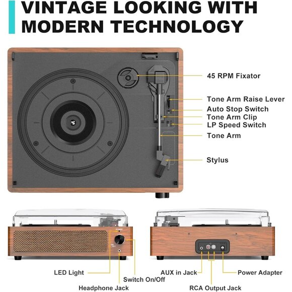 Vinyl Record Player With Speakers Vintage Turntable 3-speed Bluetooth Headphone - Picture 2 of 8